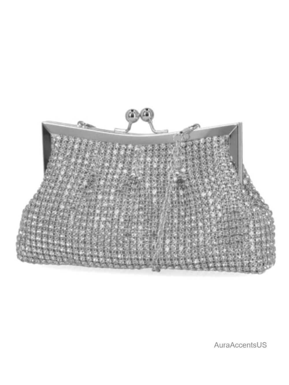Rhinestone Mesh Kiss Lock Evening Clutch Removable Strap Formal Purse